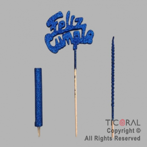 ADORNO DE TORTA SET FELIZ CUMPLE CON BENGALA Y VELA GIBRE AZUL x 1